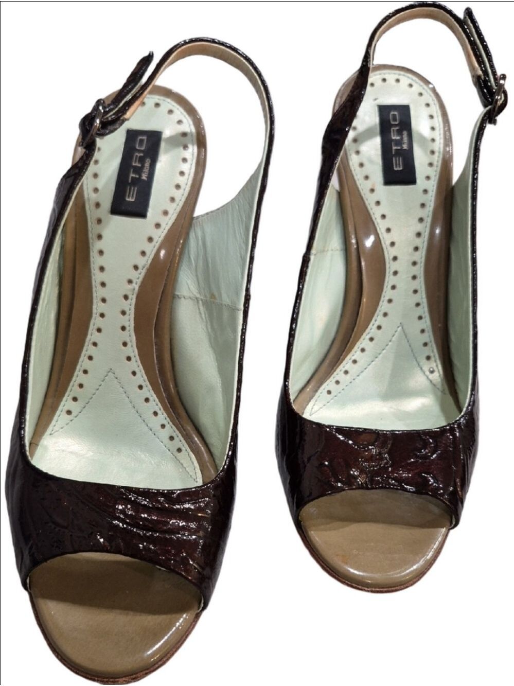 Etro Brown Patent Leather Peep-Toe Slingback Heels